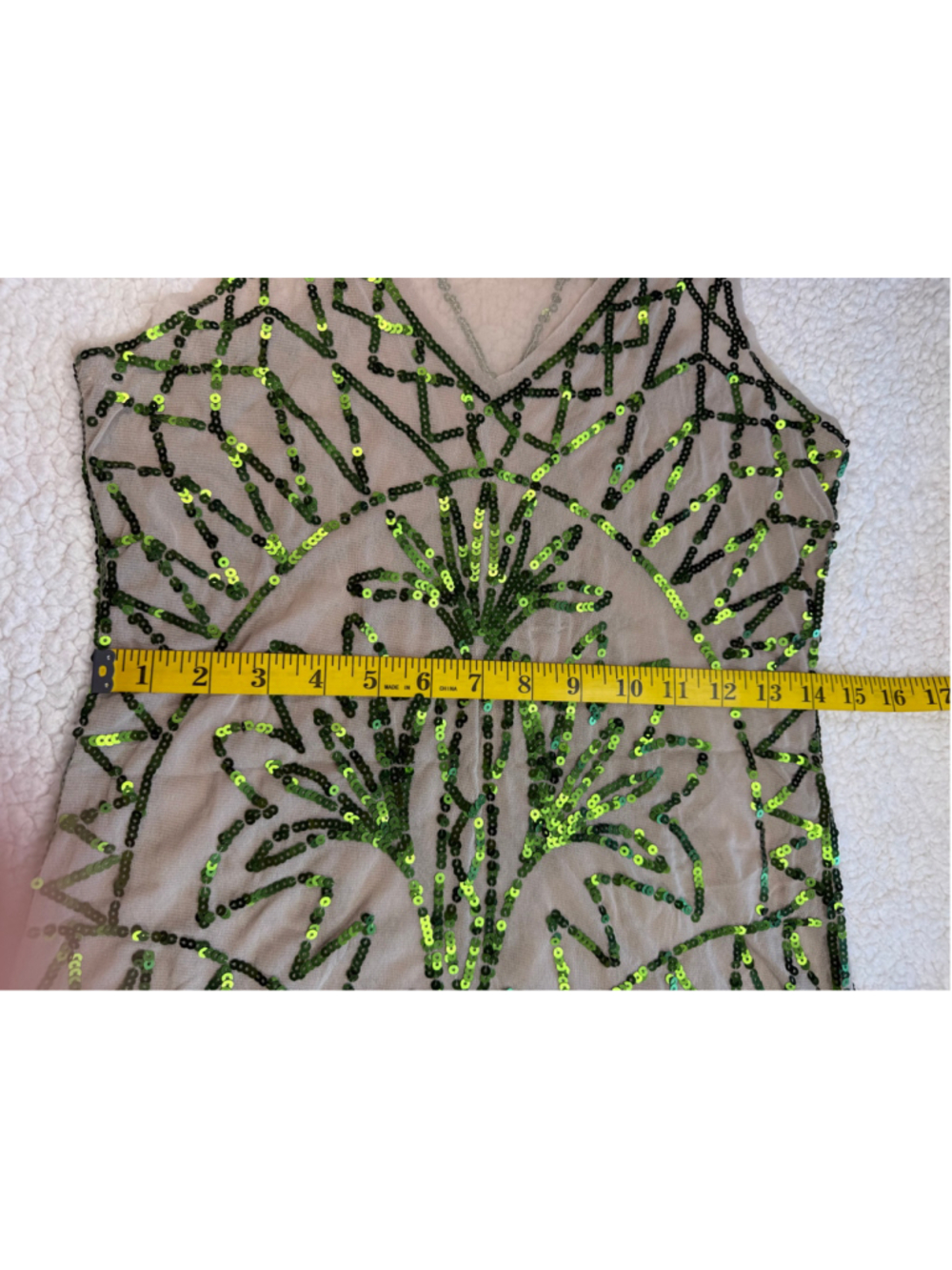 Chelsea & Violet Green Sequin Sheer Mesh Mini Dress Tan Art Deco Festival Small - Picture 7 of 7